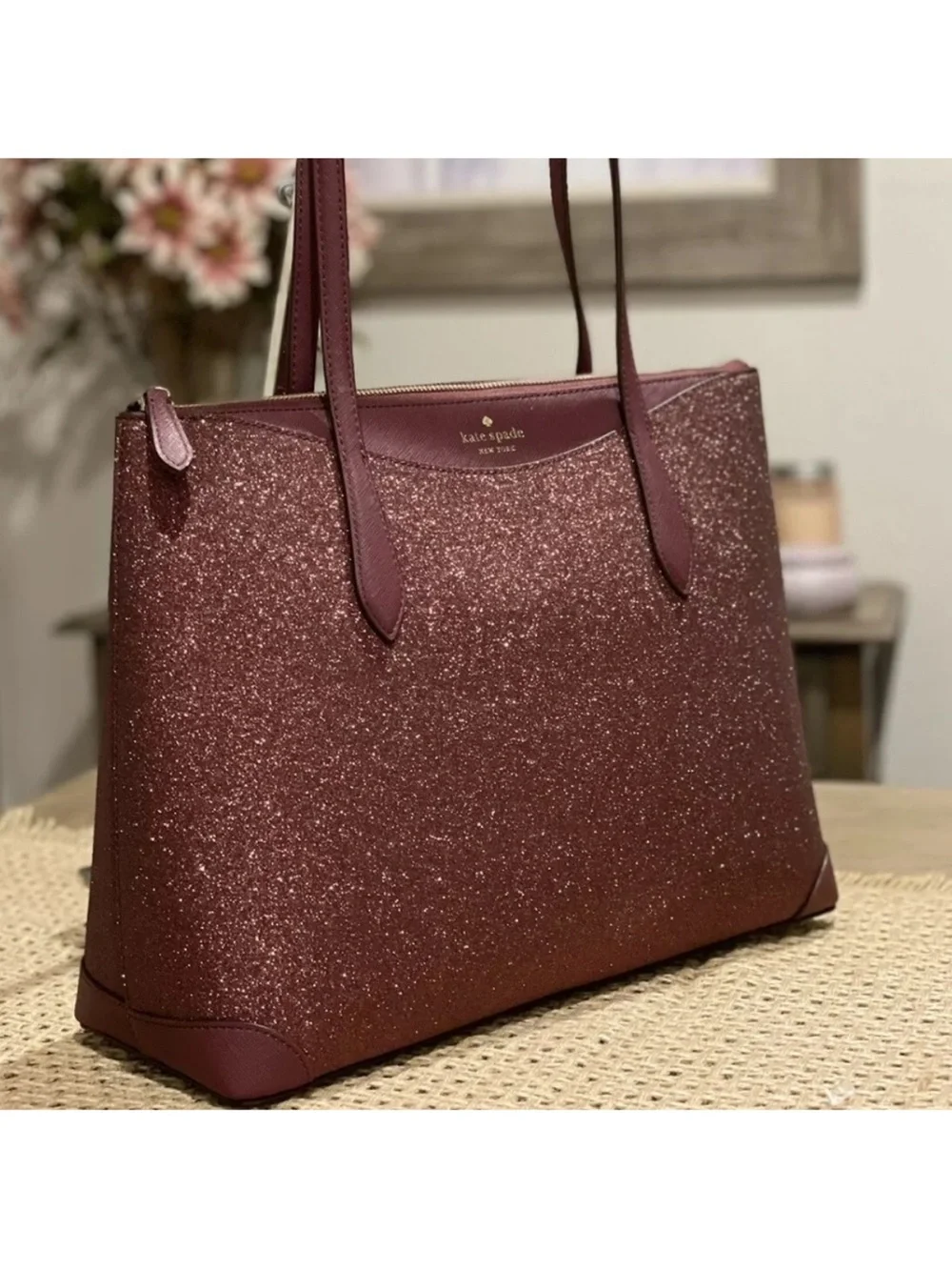 NWT Kate Spade Large Glitter Fabric Tote in Deep Nova burgundy
